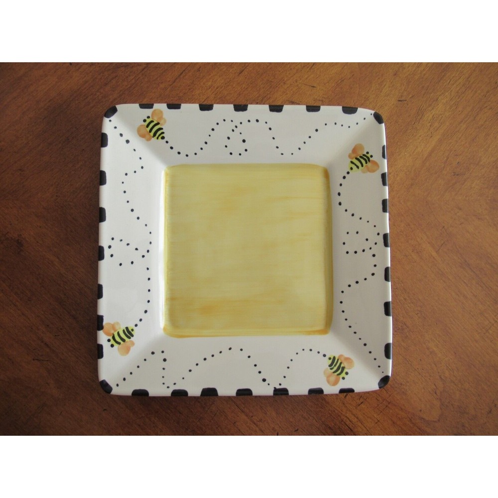 LONGABERGER Pottery BEE Square Plate Platter Dish ~9" USA Vitrified